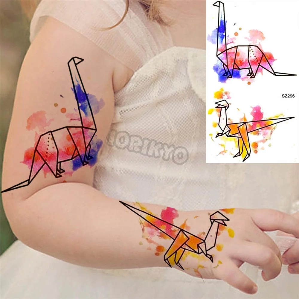 Colorful Dinosaur Temporary Tattoos For Kids Girls Rose Flower Lavender Hummingbird Fake Tattoo Sticker Forearm Neck Tatoos Show