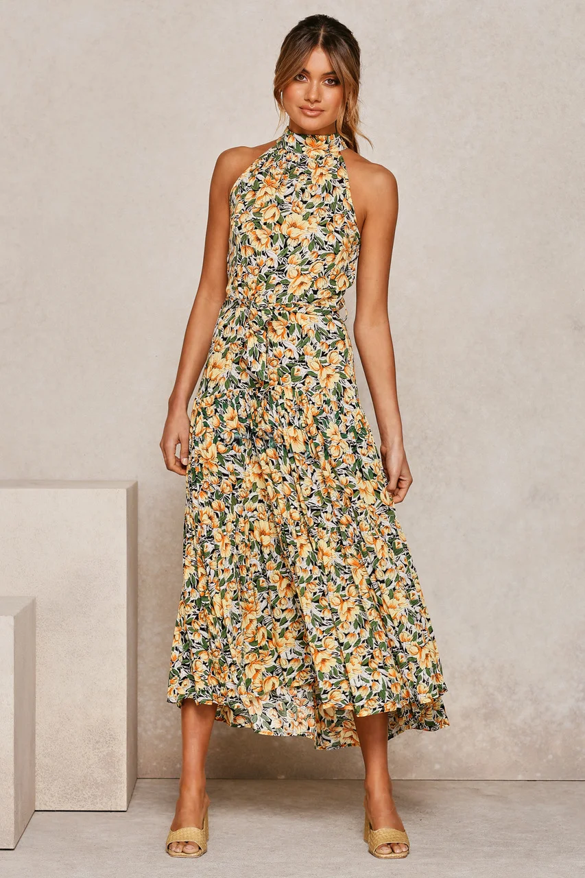 Women's Summer fashion Hanging Neck Polka Dot Print Lace Up Dress Chiffon Bohemian Fragmented Flower Loose Sleeveless Dress Vestido