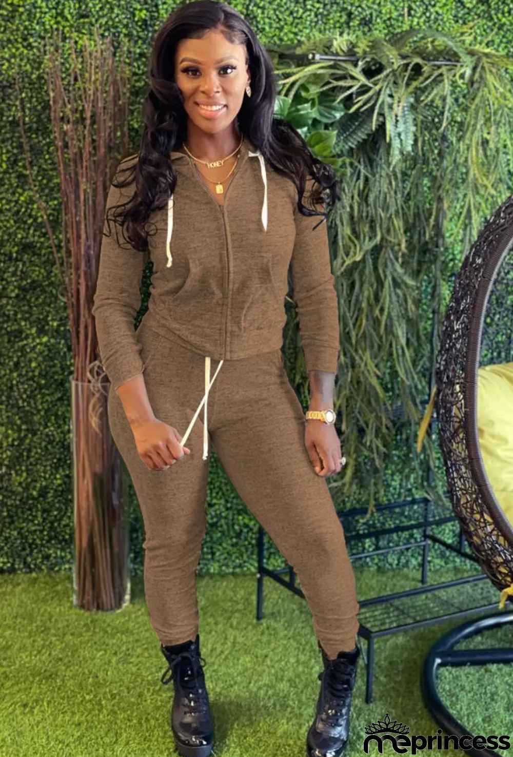 Spring Casual Brown Plain Zipper Hoodies And Pant Cheap Wholesale Two Piece Sets