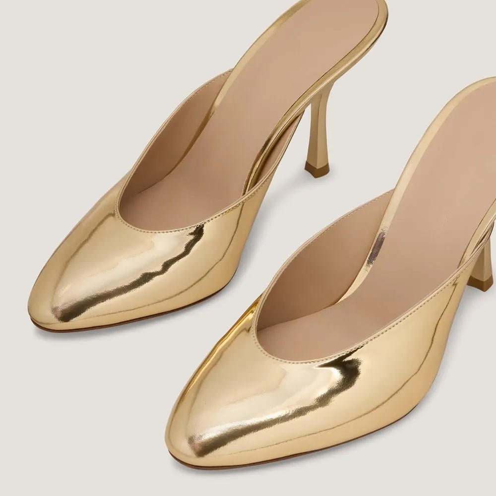 Gold Patent Leather Round Toe Stiletto Heel Womens Mules Shoes