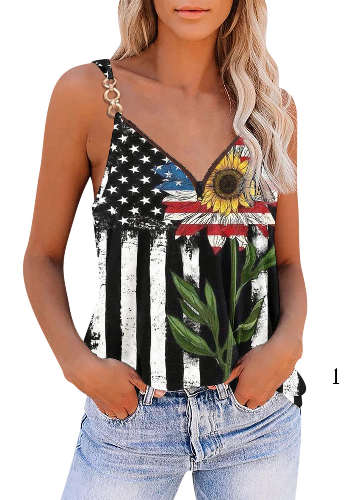 VCSHOES V Neck Zippered Independence Day Theme Print Sequined Spaghetti Strap Tank Tops Summer