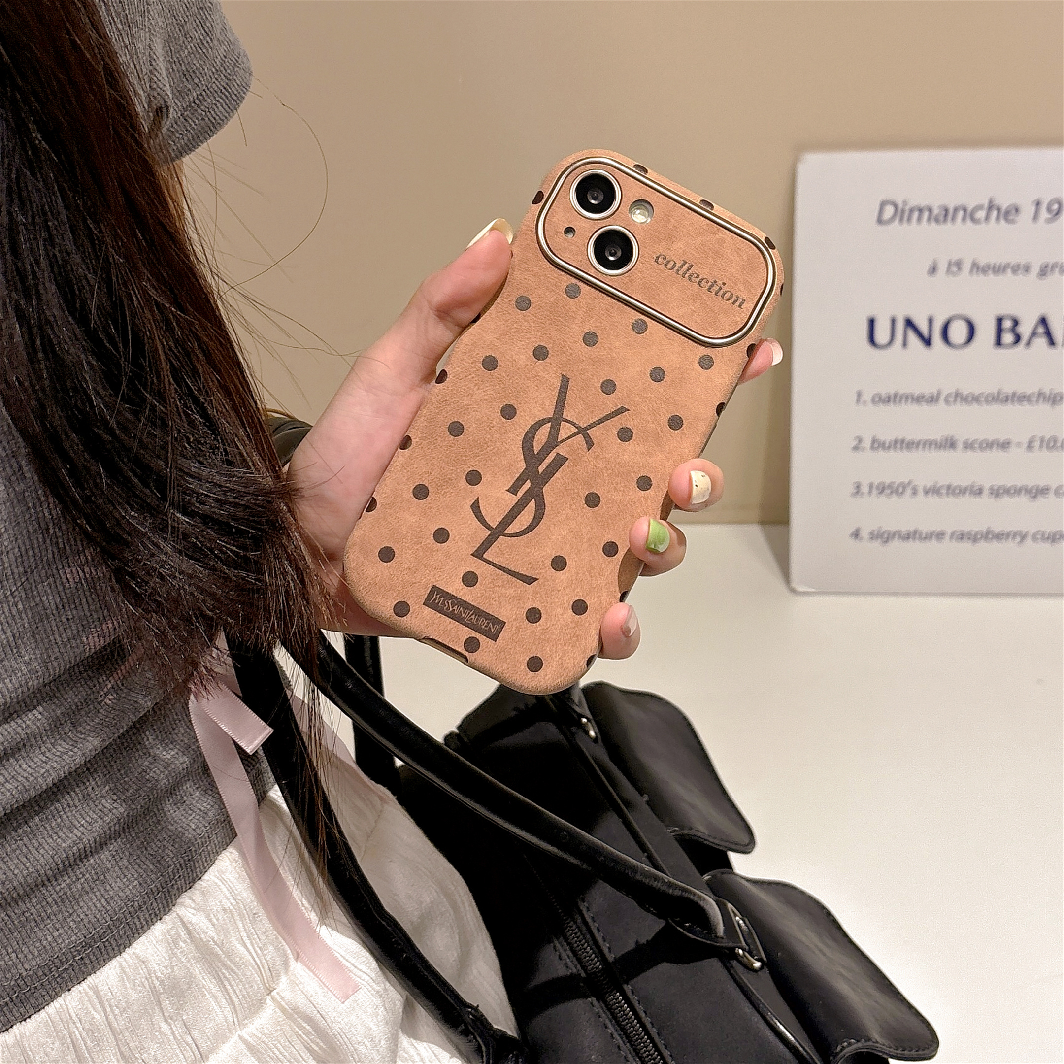 YSL Polka Dot Brown Leather Apple iPhone Case
