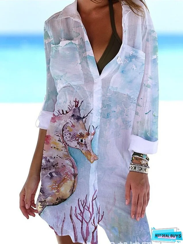 Shirt Dress Cover Up Beach Wear Mini Dress Pocket Print Fashion Casual Fish Turndown 3/4 Length Sleeve Loose Fit Outdoor Daily White Blue Summer Spring S M L XL for Women
