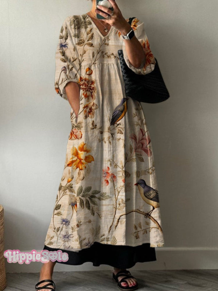 Women’s Vintage Lovely Floral Birds Art Print Pocket V-Neck Cotton Dress Multicolor / S
