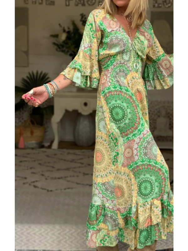 Bohemian casual print V-neck waist wrap long dress