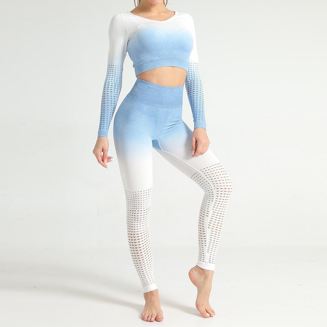 Seamless Ombre Hollow Out Sports Top and Leggings Set-elleschic