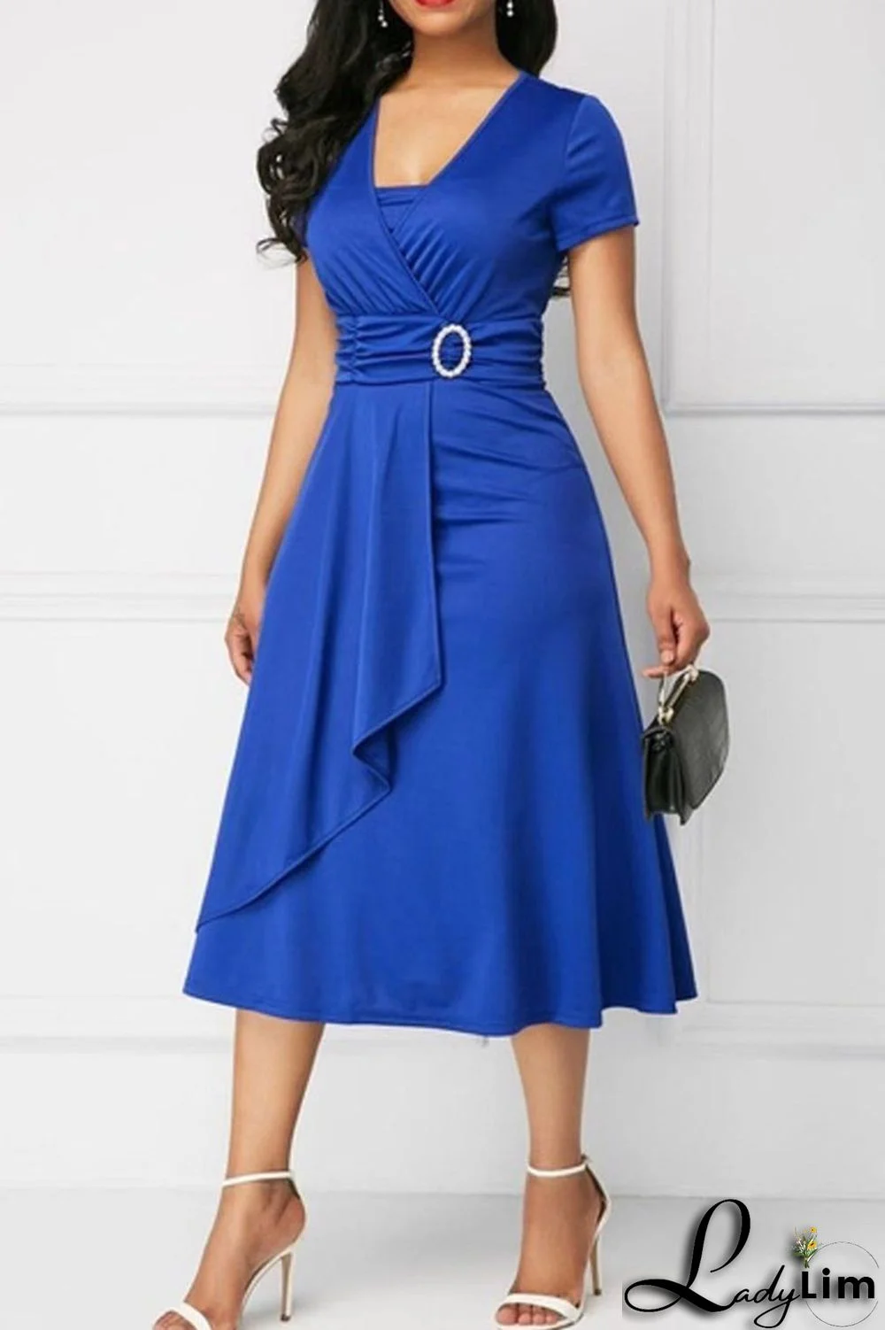 Blue Casual Solid Patchwork V Neck A Line Dresses