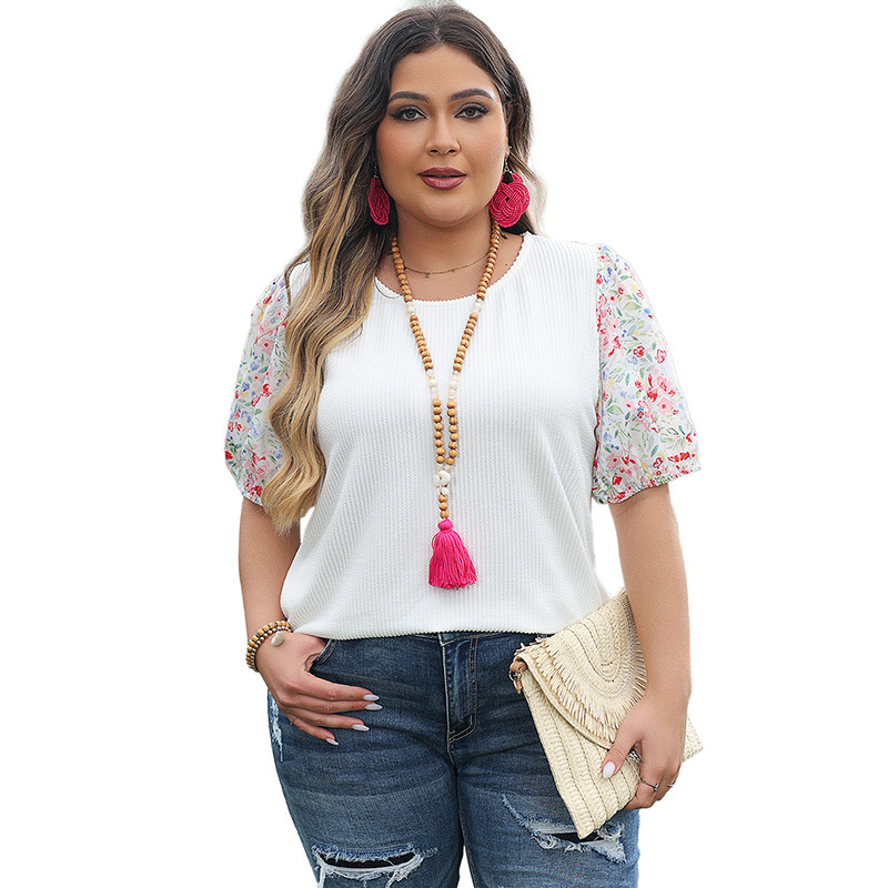 Mature Women's Floral Puff Sleeve Casual Summer Plus Size Loose Short Sleeves Tops