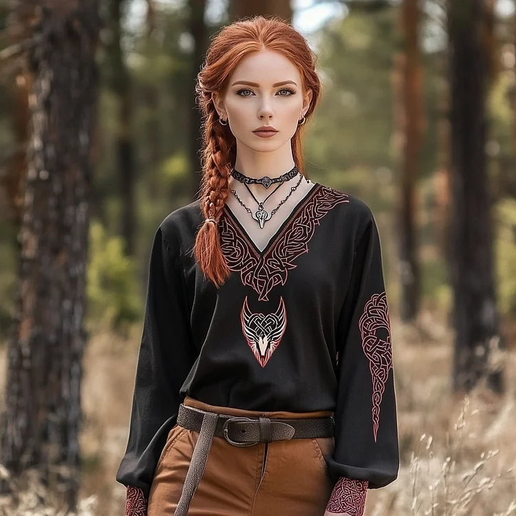 Vintage Viking Wolf Rune Print Linen V-neck Shirt