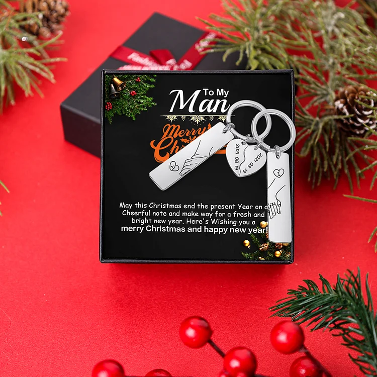 Personalized Hand in Hand Couple Christmas Keychain Set With Gift Box Gift Card, Custom Keychain Engrave Name Matching Couple Gifts, Special Gift For Him