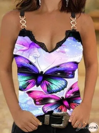 Lace Butterfly Print Casual Tank Tops