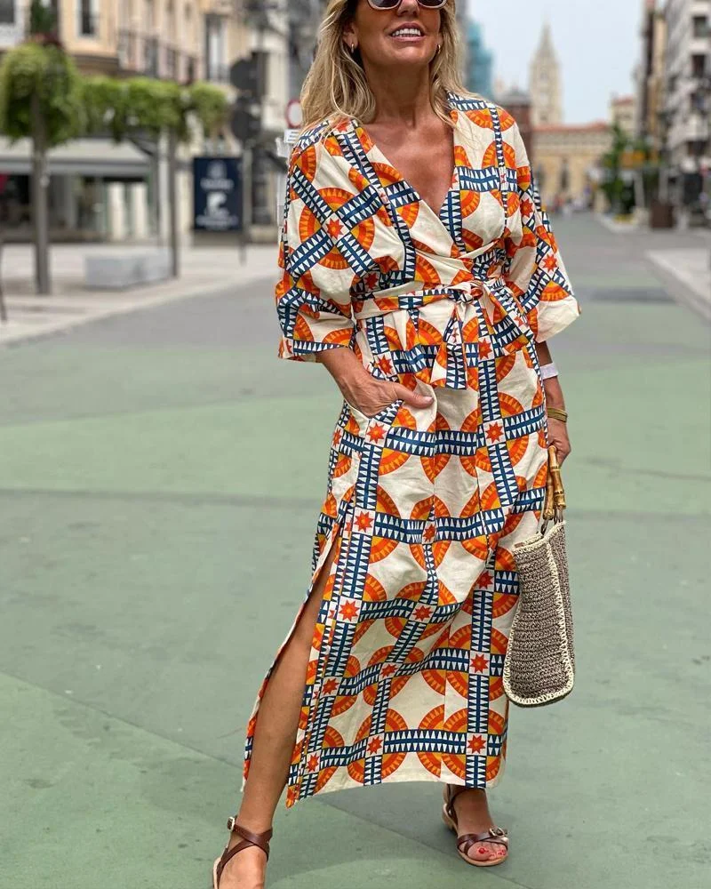 Geometric Pattern Belt Dress