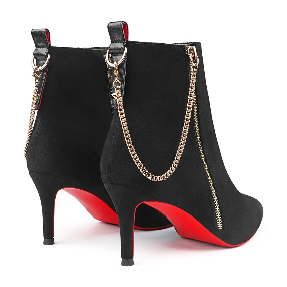 60mm Women's Pointed Toe Metal Chain Kitten Heel Single Strap Red Bottom Booties-vocosishoes