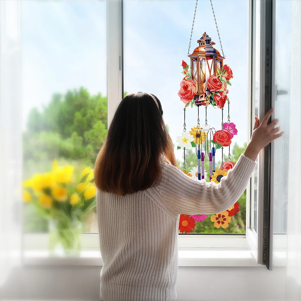 DIY Rose Lantern Double Side Wind Chime Diamond Art Hanging Pendant for Home Decor