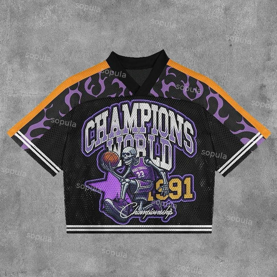 Vintage Champion World Graphics Blokecore Blokette Jersey V-neck T-shirt - SOPULA