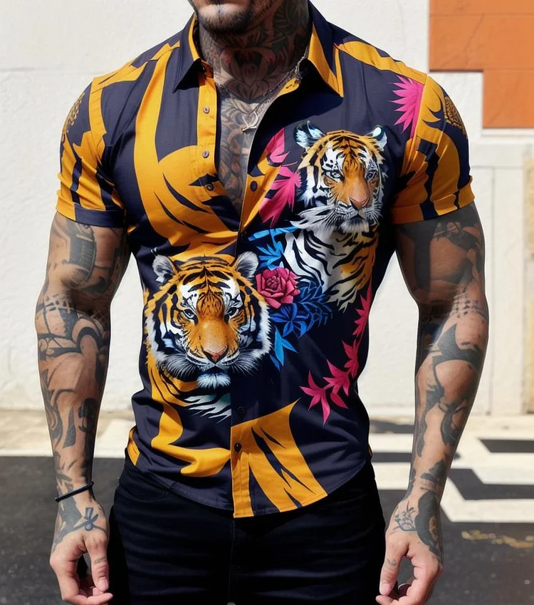 Men's Casual Tiger Printed Short Sleeve Shirt at Hiphopee