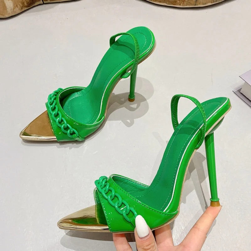 2022 New Summer 11CM Gladiator Sandals Women Black Red Chain Designer High Heels Sexy Pointed Toe Back Strap Party Dress Shoes