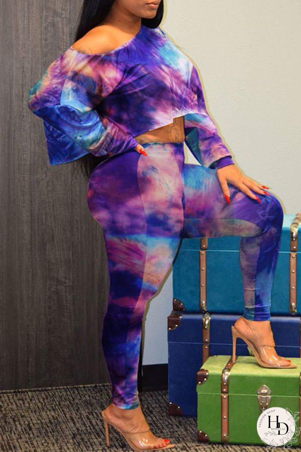 Green Fashion Casual Print Tie-dye Oblique Collar Long Sleeve Two Pieces