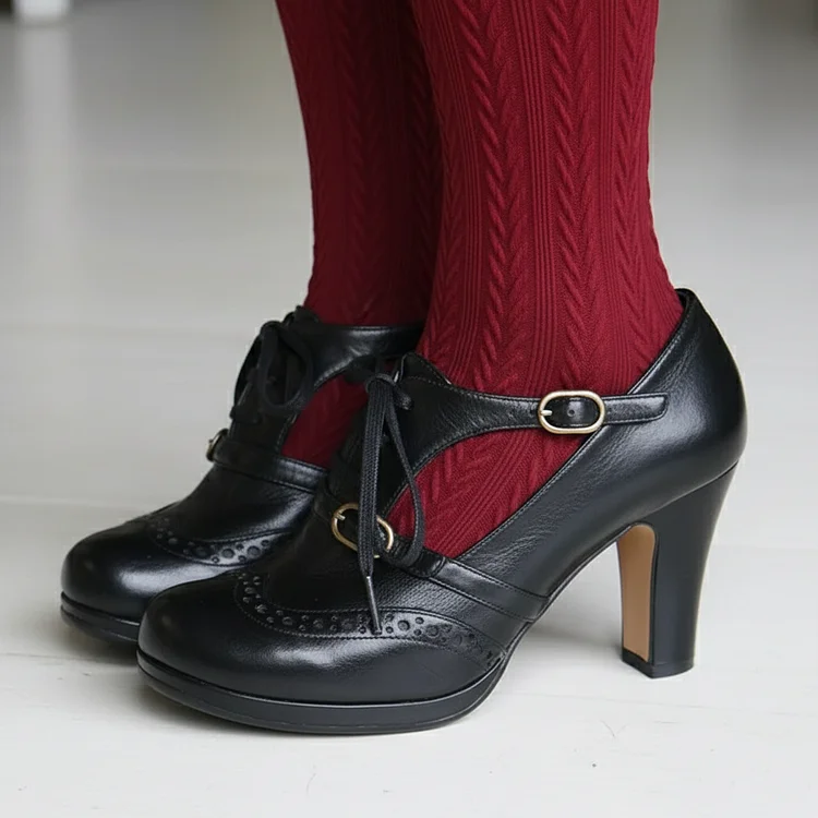 Black Mary Jane T-Strap Block Heels Vdcoo