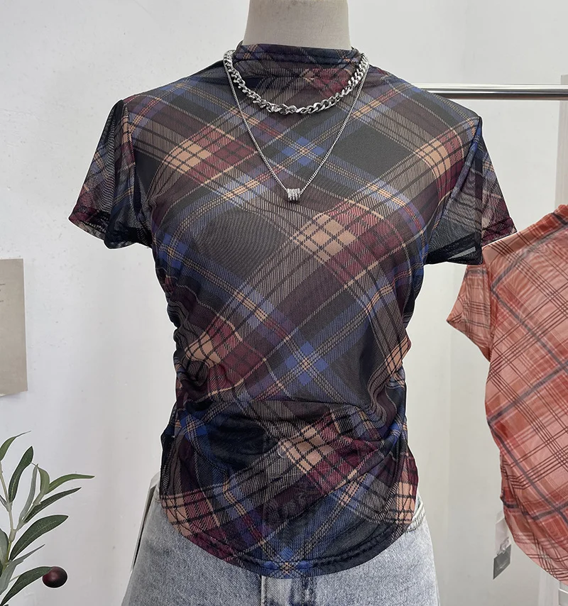 Churchf Real Shooting Sweet Cool Hottie Slim Slimming Vintage Lattice Short-Sleeved T-Shirt Small Neck Folding Thin Top 22892