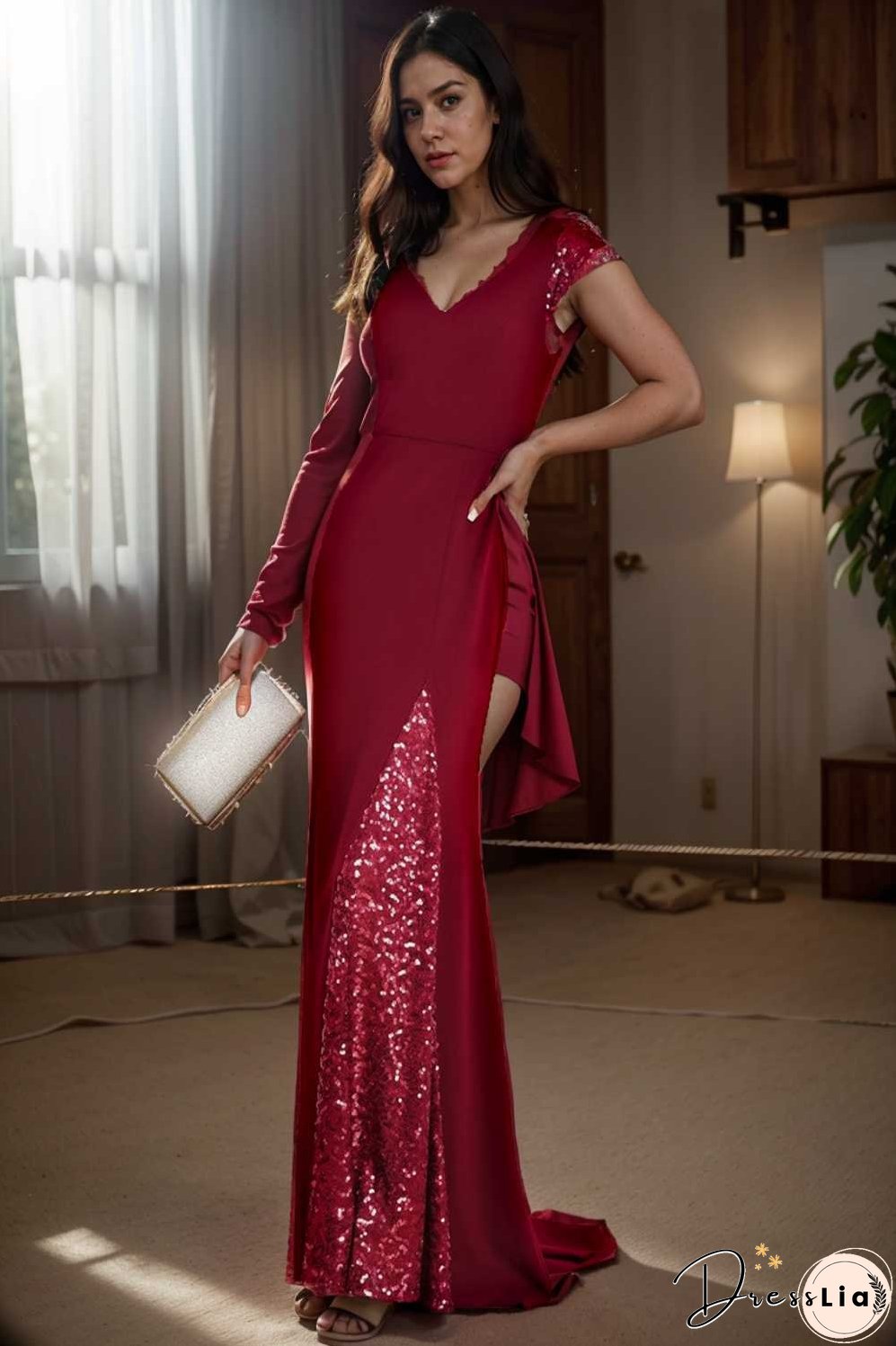 elegant sleeveless deep v neck fishtail evening gown