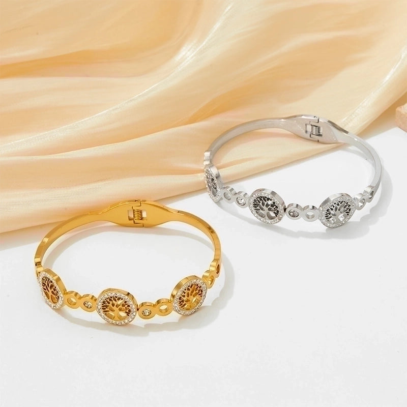 Retro Round Tree 304 Stainless Steel 16K Gold Plated White Gold Plated Gold Plated Rhinestones Stainless Steel Bracelets In Bulk