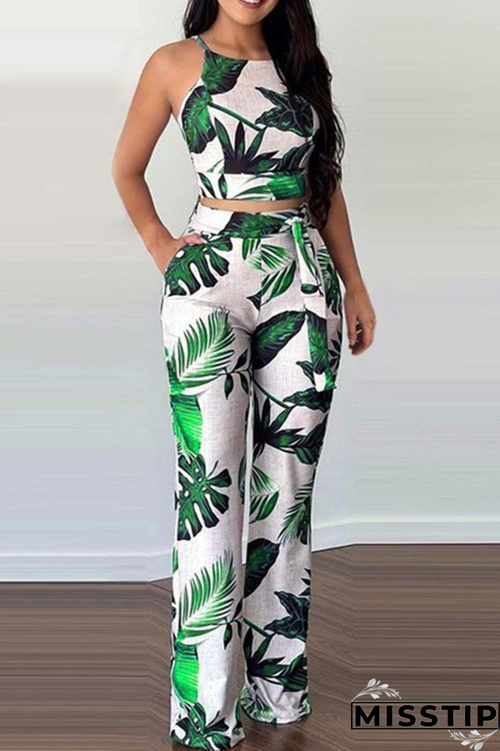 Green Street Print Bandage Halter Sleeveless Two Pieces