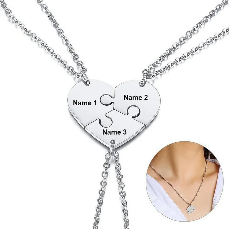 3 Necklaces Custom Engraved 3 Names Heart Puzzle Piece Necklace for Friends or Family, Custom Necklaces with Name