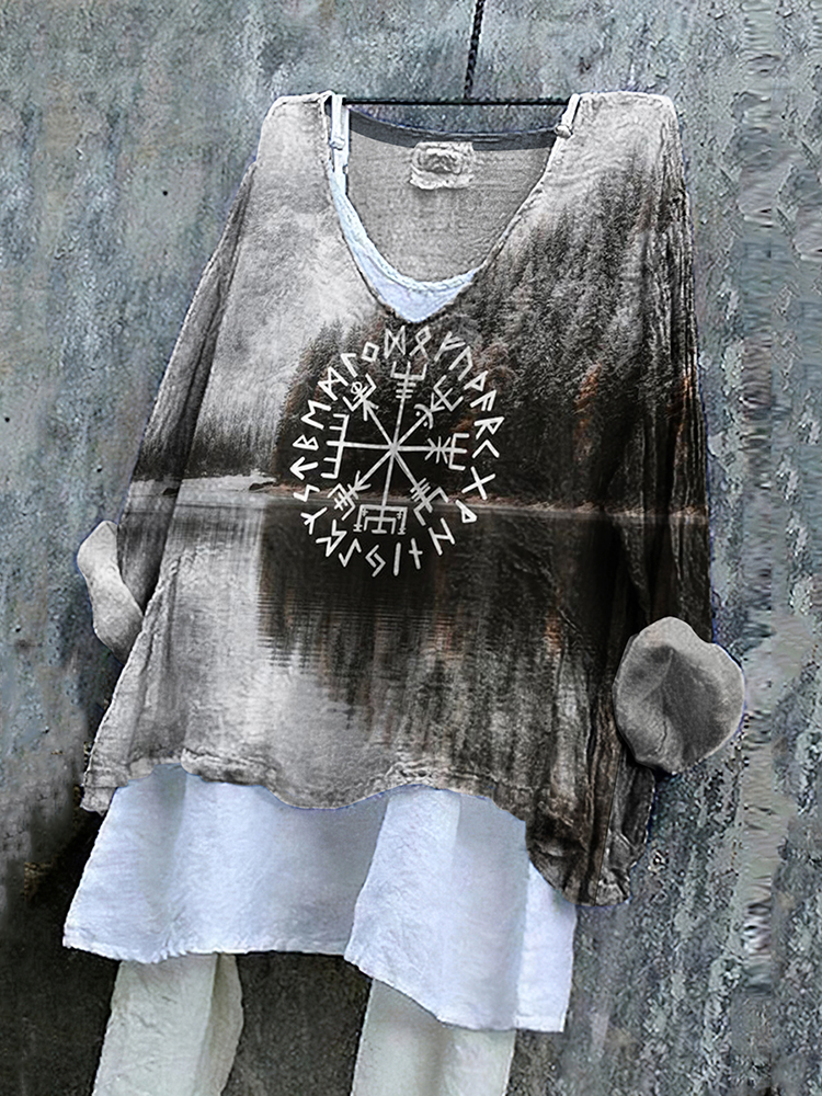 Comstylish Retro Tribal Viking Totem Landscape Printed Cotton Linen Blouse