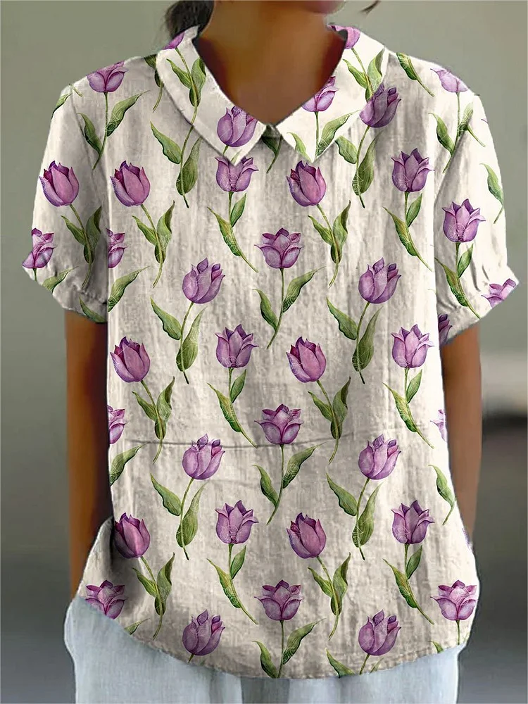 Women's Flower Print Casual Cotton And Linen Shirt