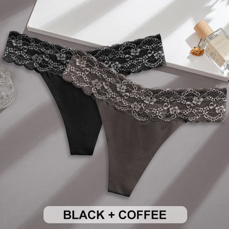 2PCS/Set Lace Panties Sexy Underwear Thong Women Panties G-String Panties Briefs Lingerie Floral V Waist Design Female Underpant