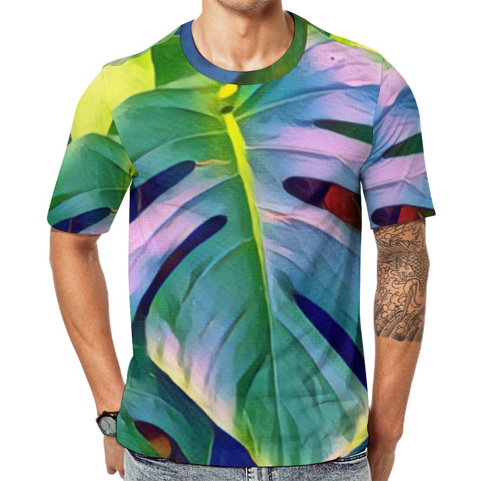 Tropical Beach Monstera Leaves Colorful Blue Green Short Sleeve Print Unisex Tshirt Summer Casual Tees for Men and Women Coolcoshirts