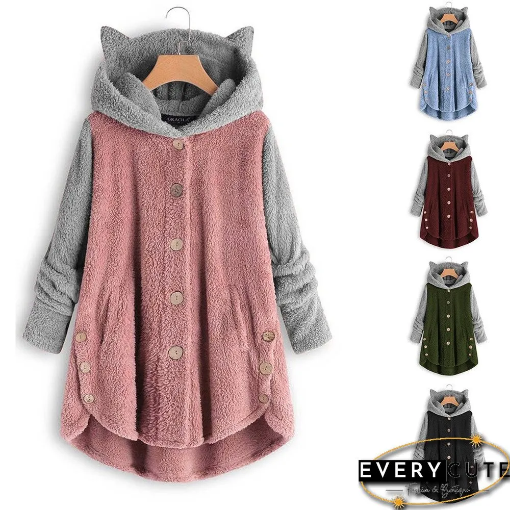 Autumn And Winter Button Hooded Cat Ears Plush Top Irregular Color Matching Coat Women