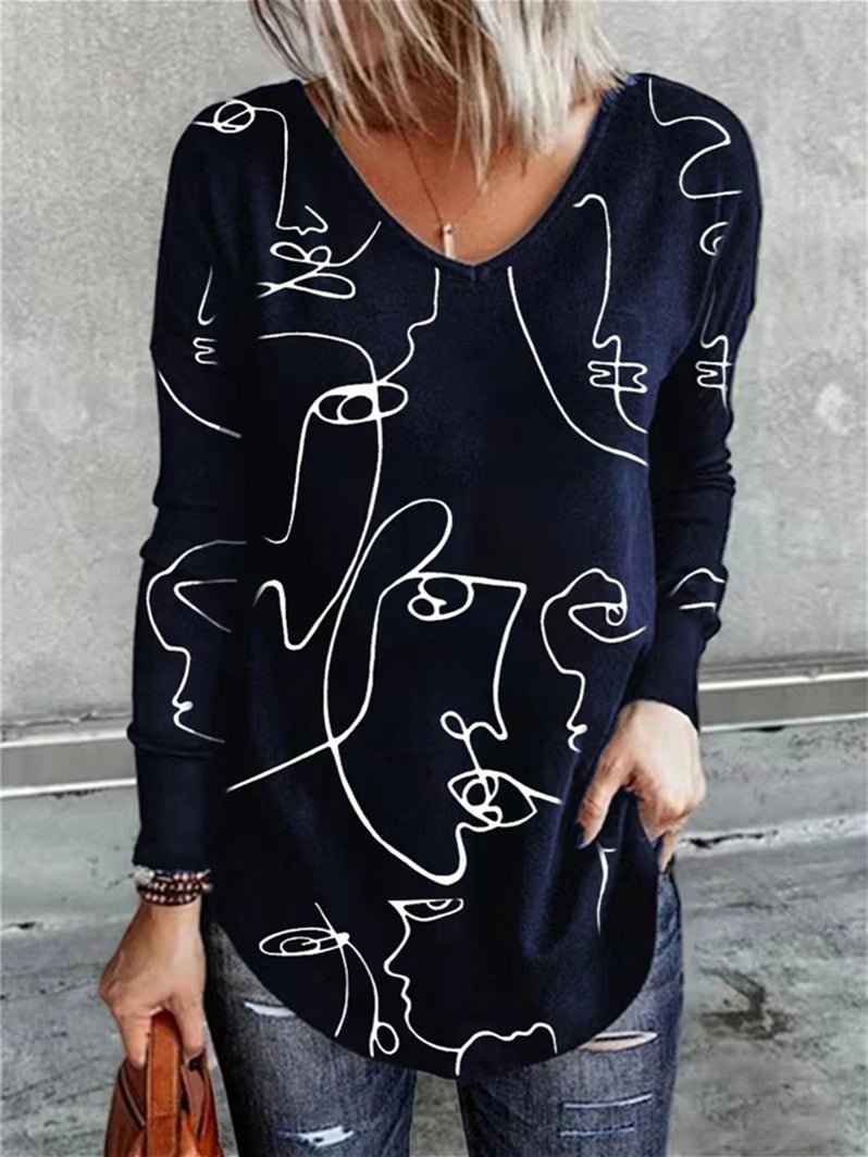 Women Long Sleeve V-neck Graphic Tops
