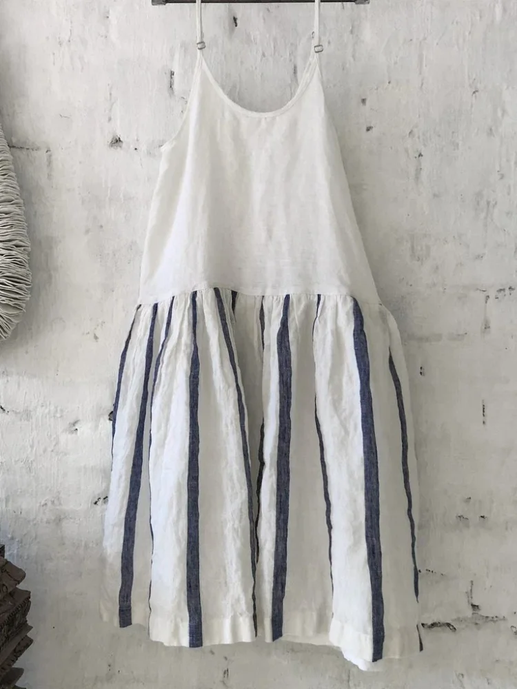 Cotton linen striped casual women sleeveless dress