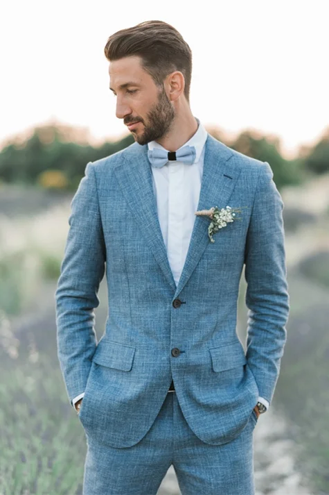 Ocean Blue Linen Summer Beach Groom Wedding Suits Casual Man Blazer Tuxedo