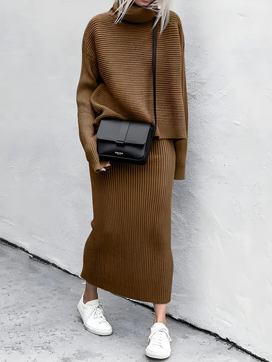 High Neck Knit Loose Sweater & High Waist Skirt Sets
