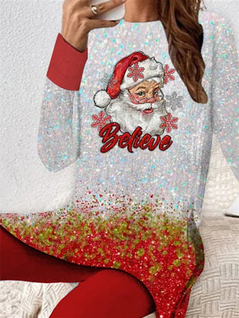 Women Casual Long Sleeve Round Neck Graphic Christmas Two-Piece Set