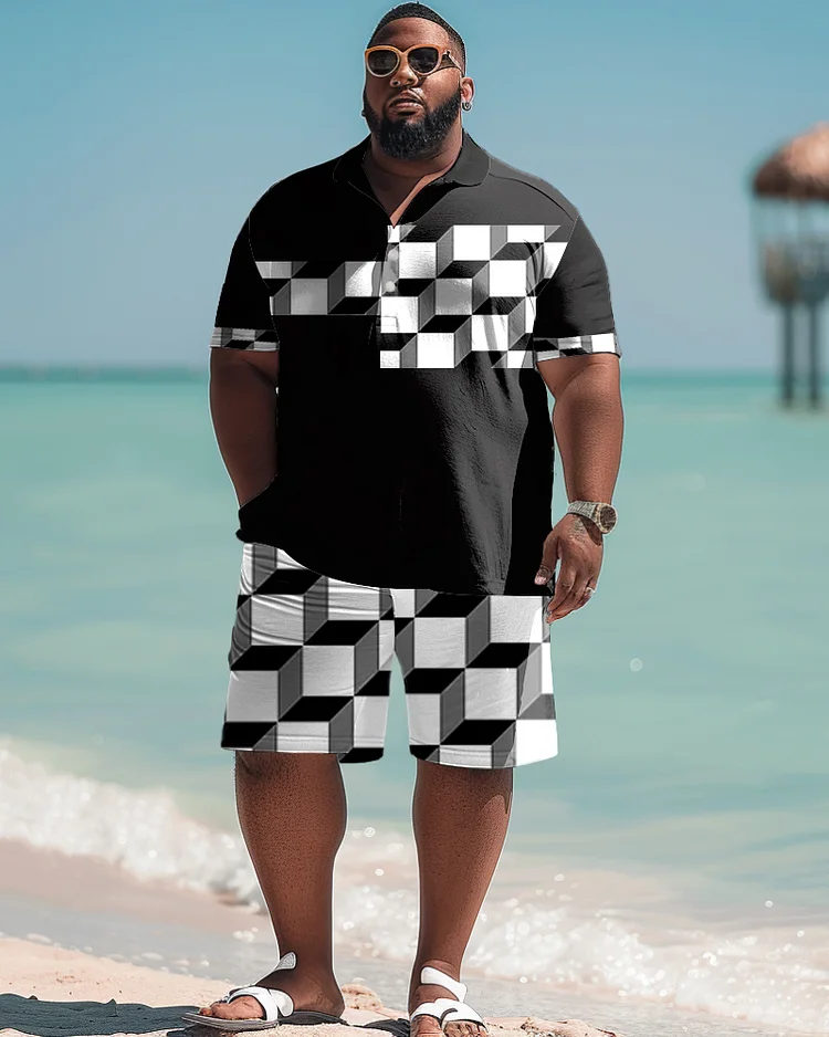 Men's Plus Size 3D Plaid Print Polo Shirt Shorts Suit