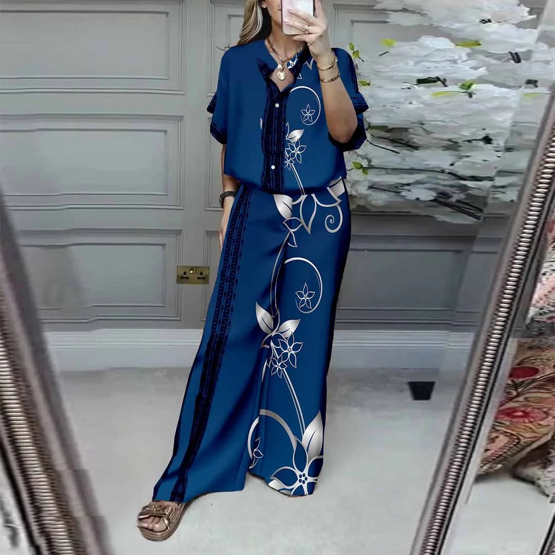 Women Floral, Blue, White DZDL1167 V-neck Short Sleeve Blouse and Pants Set