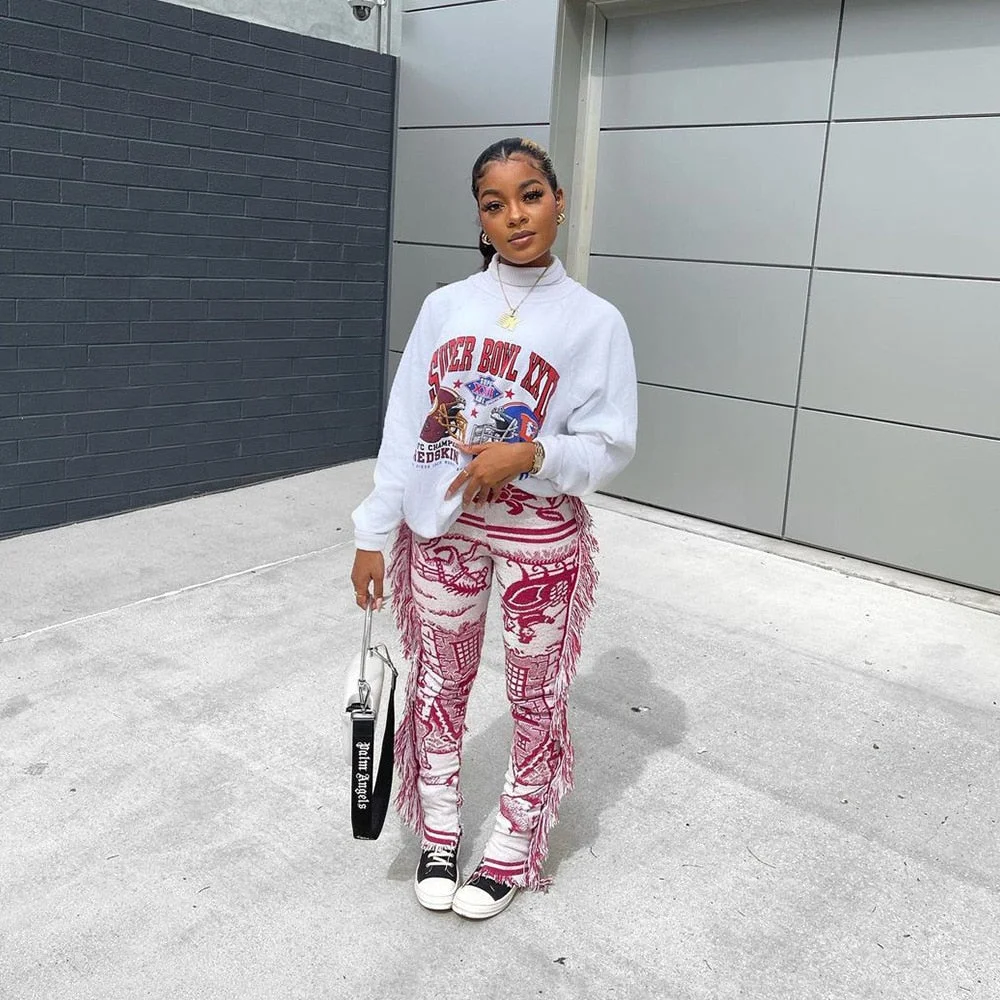 CM.YAYA Autumn Spring Women Pants High Waist Activewear Pencil Trousers Sporty Print Tassel Jogger Pants Sweatpants