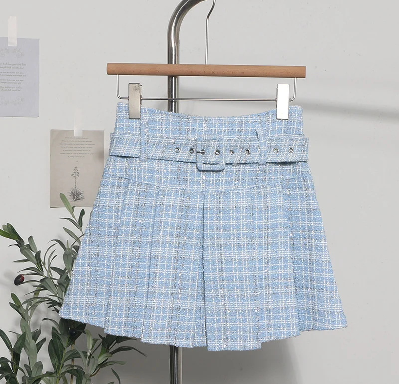 Uveng Real Shooting S-2XL With Belt Coarse Flowers, Composite Bright Lattice Skirt A Word Fluffy Bunk Skirt 1210