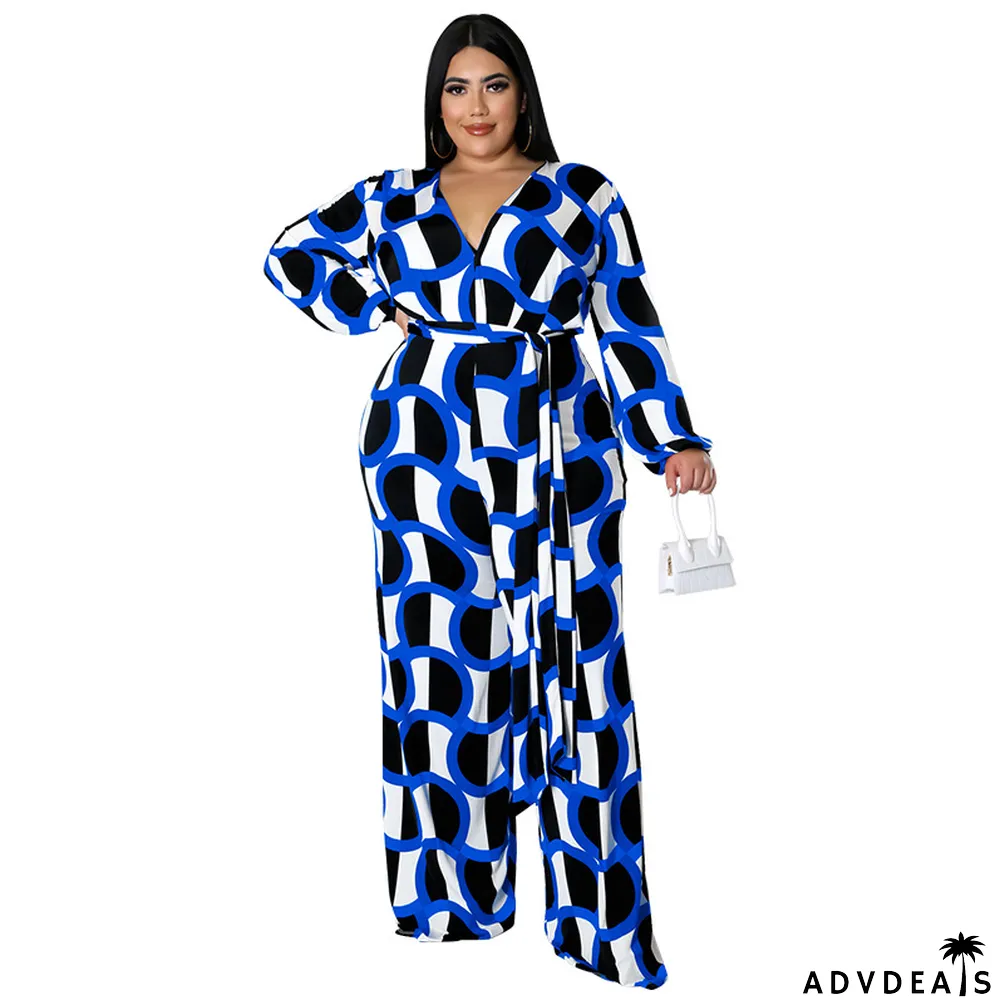 New Fashion Plus Size Women's Fall Long Sleeve Print Casual Wide Leg Jumpsuit