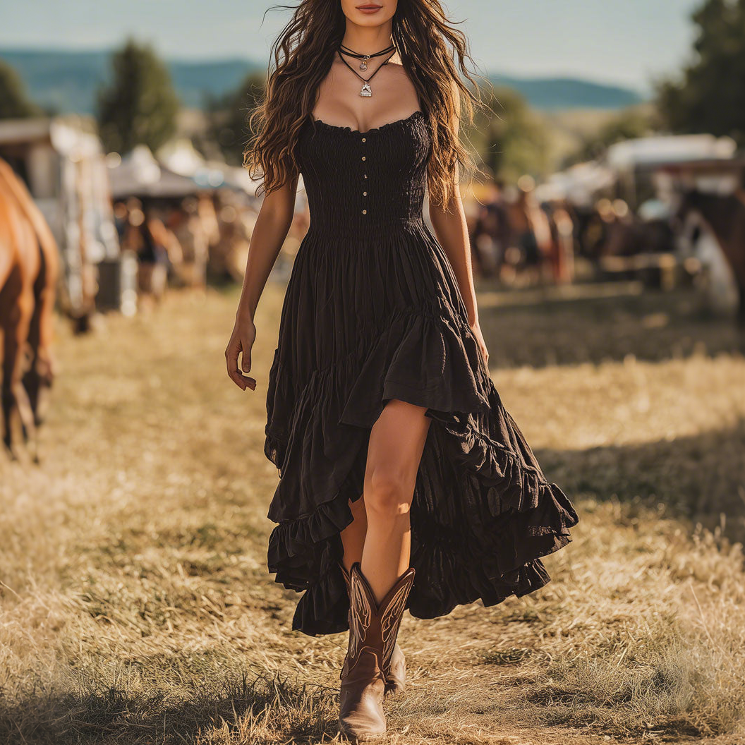 Western Retro Black Pleated Irregular Ruffle Sleeveless Maxi Dress