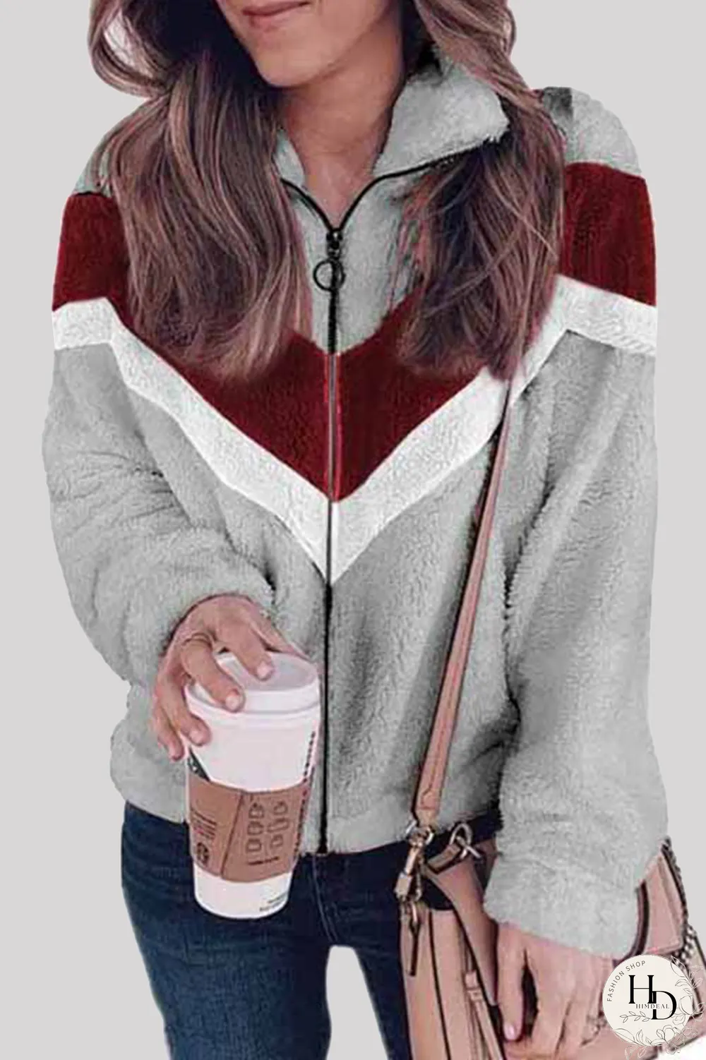 Casual Striped Split Joint  Contrast Zipper Collar Outerwear