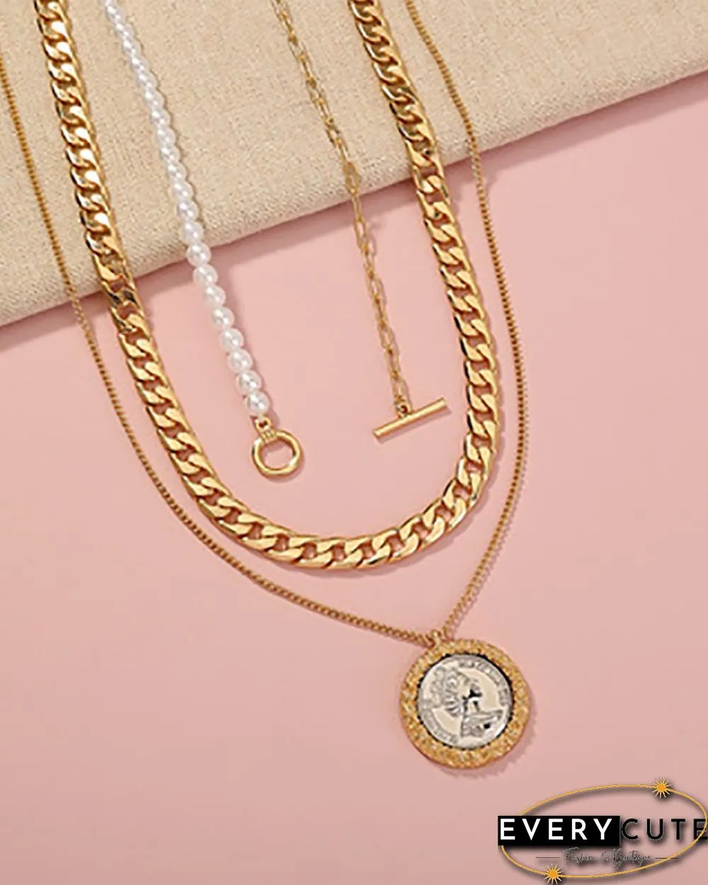 3PCS Coin Pendant Beaded Decor Chain Necklace