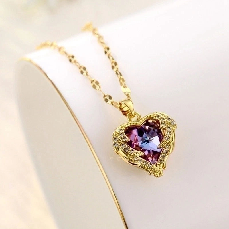 Titanium Steel Lady Inlay Heart Shape Artificial Gemstones Pendant Necklace
