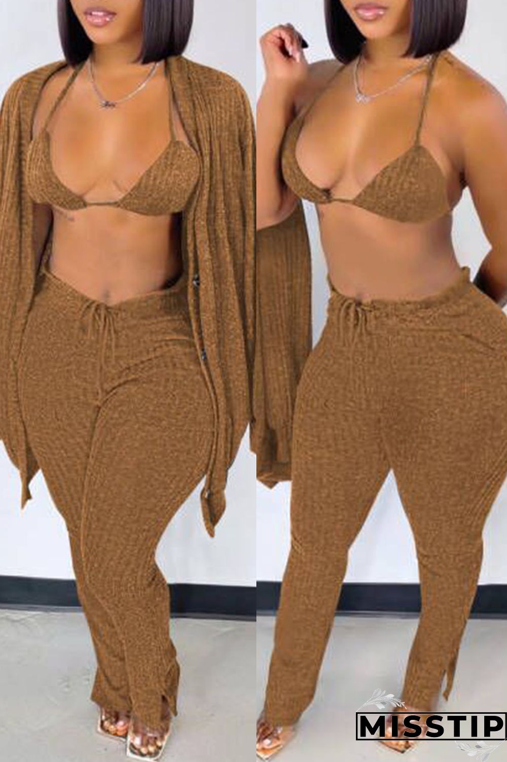 Blue Fashion Casual Solid Cardigan Vests Pants Long Sleeve Three-piece Set