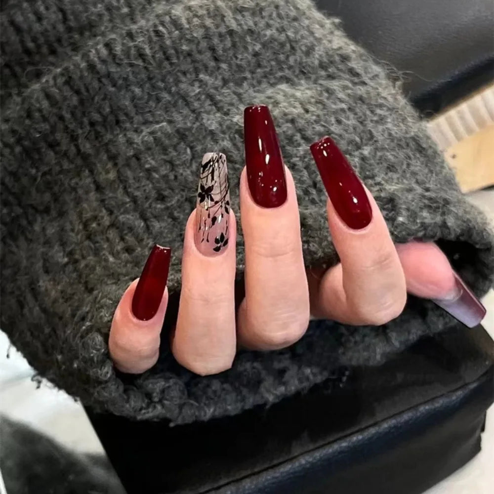 Aiertu 24pcs New Year Fake Nails Long Ballet Nails French Vintage Style Wine Red False Nail Press on Nails Waterproof Faux Fingernails aiertu