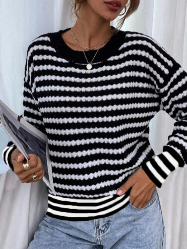 Women Scoop Neck Long Sleeve Striped Knit Sweater Tops